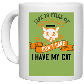                       UDNAG White Ceramic Coffee / Tea Mug 'Cat | Life is full' Perfect for Gifting [330ml]                                              