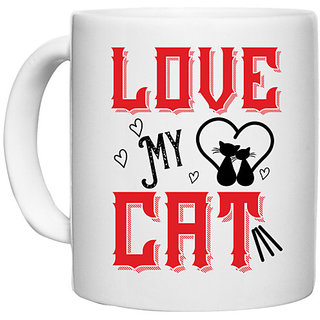                       UDNAG White Ceramic Coffee / Tea Mug 'Cat | love my cat' Perfect for Gifting [330ml]                                              