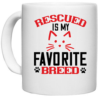                       UDNAG White Ceramic Coffee / Tea Mug 'Cat | rescued is my favorite breed' Perfect for Gifting [330ml]                                              