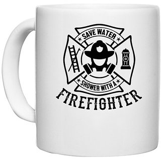                       UDNAG White Ceramic Coffee / Tea Mug 'Fire Fighter | Save water' Perfect for Gifting [330ml]                                              