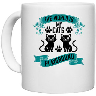                       UDNAG White Ceramic Coffee / Tea Mug 'Cat | the world is my cats playground' Perfect for Gifting [330ml]                                              
