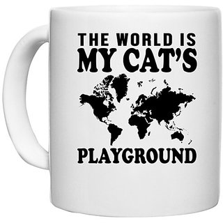                       UDNAG White Ceramic Coffee / Tea Mug 'Cat | The world is' Perfect for Gifting [330ml]                                              
