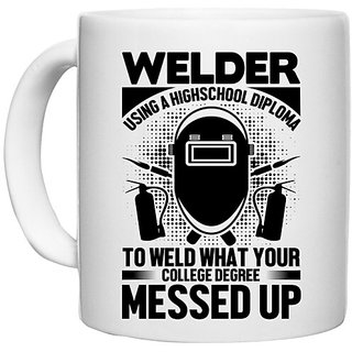                       UDNAG White Ceramic Coffee / Tea Mug 'Welder | Welder using' Perfect for Gifting [330ml]                                              