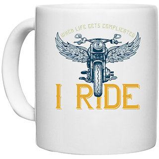                       UDNAG White Ceramic Coffee / Tea Mug 'Rider | when life gets complicated' Perfect for Gifting [330ml]                                              