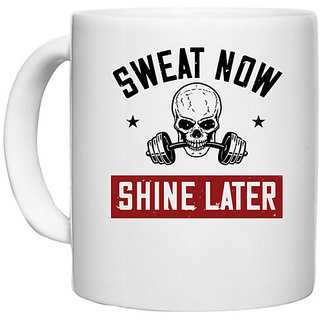                       UDNAG White Ceramic Coffee / Tea Mug 'Gym | sweat now shine later' Perfect for Gifting [330ml]                                              