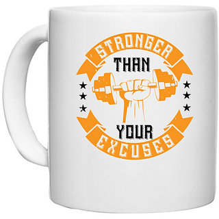                       UDNAG White Ceramic Coffee / Tea Mug 'Gym | stronger than your excuses' Perfect for Gifting [330ml]                                              