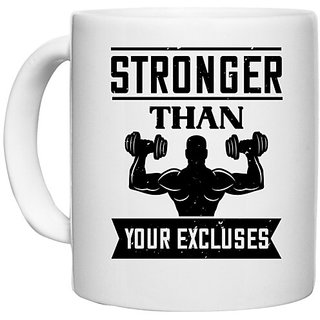                       UDNAG White Ceramic Coffee / Tea Mug 'Gym | stronger than your excluses' Perfect for Gifting [330ml]                                              