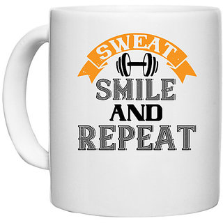                       UDNAG White Ceramic Coffee / Tea Mug 'Gym | sweat smail and repeat' Perfect for Gifting [330ml]                                              