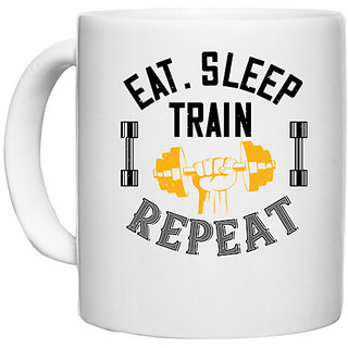                       UDNAG White Ceramic Coffee / Tea Mug 'Gym | eat sleep train rapid' Perfect for Gifting [330ml]                                              