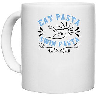                       UDNAG White Ceramic Coffee / Tea Mug 'Swimming | Eat Pasta. Swim Fasta' Perfect for Gifting [330ml]                                              