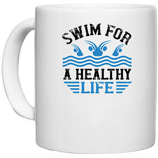                       UDNAG White Ceramic Coffee / Tea Mug 'Swimming | Swim for a healthy life' Perfect for Gifting [330ml]                                              