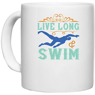                       UDNAG White Ceramic Coffee / Tea Mug 'Swimming | Live long & swim' Perfect for Gifting [330ml]                                              