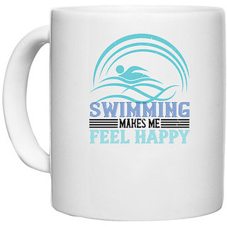                       UDNAG White Ceramic Coffee / Tea Mug 'Swimming | Swimming makes me feel happy' Perfect for Gifting [330ml]                                              