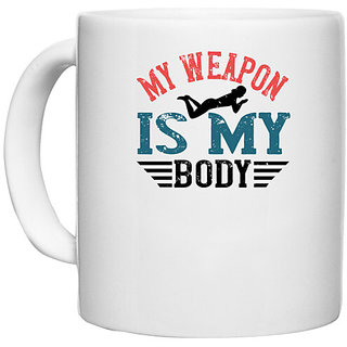                       UDNAG White Ceramic Coffee / Tea Mug 'Swimming | My weapon is my body' Perfect for Gifting [330ml]                                              