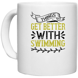                       UDNAG White Ceramic Coffee / Tea Mug 'Swimming | Things get better with swimming' Perfect for Gifting [330ml]                                              