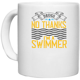                       UDNAG White Ceramic Coffee / Tea Mug 'Swimming | No thanks im a swimmer' Perfect for Gifting [330ml]                                              