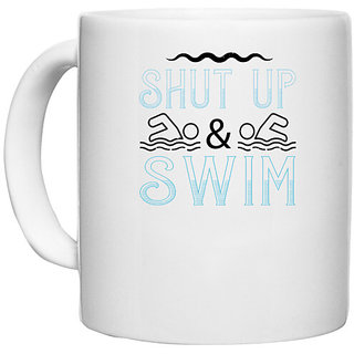                       UDNAG White Ceramic Coffee / Tea Mug 'Swimming | Shut up & swim' Perfect for Gifting [330ml]                                              