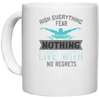                       UDNAG White Ceramic Coffee / Tea Mug 'Swimming | Risk everything fear nothing live with' Perfect for Gifting [330ml]                                              