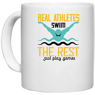                       UDNAG White Ceramic Coffee / Tea Mug 'Swimming | Real athletes swim the rest' Perfect for Gifting [330ml]                                              