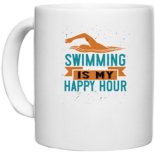                       UDNAG White Ceramic Coffee / Tea Mug 'Swimming | swimming is myhappy hour' Perfect for Gifting [330ml]                                              
