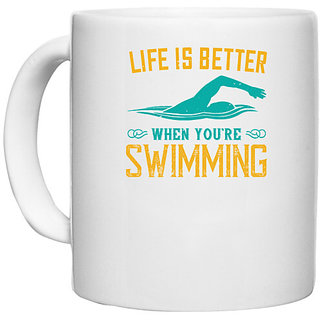                       UDNAG White Ceramic Coffee / Tea Mug 'Swimming | Life is better when youre wsiming' Perfect for Gifting [330ml]                                              