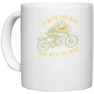                       UDNAG White Ceramic Coffee / Tea Mug 'Motorcycle | up with the sun gone with the wind' Perfect for Gifting [330ml]                                              