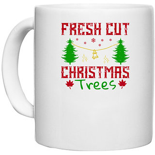                      UDNAG White Ceramic Coffee / Tea Mug 'Christmas | Fresh cut Christmas trees' Perfect for Gifting [330ml]                                              