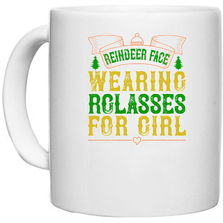                       UDNAG White Ceramic Coffee / Tea Mug 'Christmas | Reindeer face, wearing glasses for girl' Perfect for Gifting [330ml]                                              