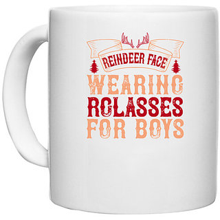                       UDNAG White Ceramic Coffee / Tea Mug 'Christmas | Reindeer face, wearing glasses for boys' Perfect for Gifting [330ml]                                              