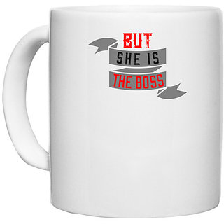                       UDNAG White Ceramic Coffee / Tea Mug 'Couple | but she the boss' Perfect for Gifting [330ml]                                              
