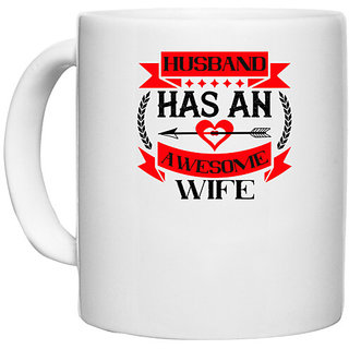                       UDNAG White Ceramic Coffee / Tea Mug 'Couple | husband hasan awesome wife' Perfect for Gifting [330ml]                                              