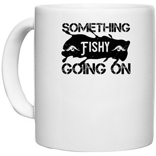                       UDNAG White Ceramic Coffee / Tea Mug 'Fishing | Something fishy going on' Perfect for Gifting [330ml]                                              