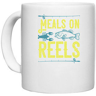                       UDNAG White Ceramic Coffee / Tea Mug 'Fishing | Meals on reels' Perfect for Gifting [330ml]                                              