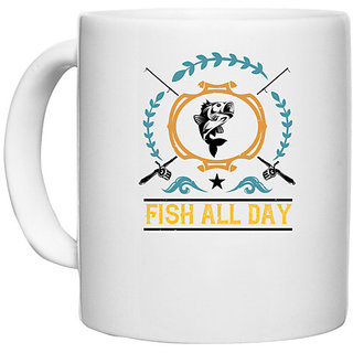                       UDNAG White Ceramic Coffee / Tea Mug 'Fishing | Fish all day copy' Perfect for Gifting [330ml]                                              
