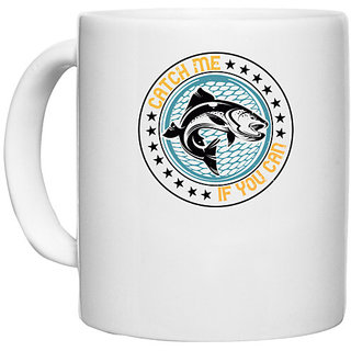                       UDNAG White Ceramic Coffee / Tea Mug 'Fishing | Catch me if you can' Perfect for Gifting [330ml]                                              