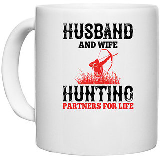                       UDNAG White Ceramic Coffee / Tea Mug 'Hunting | Husband and wife hunting partner' Perfect for Gifting [330ml]                                              