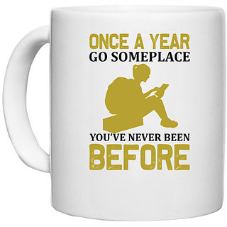                       UDNAG White Ceramic Coffee / Tea Mug 'Travelling | Once a year' Perfect for Gifting [330ml]                                              