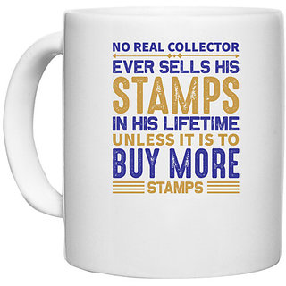                       UDNAG White Ceramic Coffee / Tea Mug 'Stamp collector | No real' Perfect for Gifting [330ml]                                              