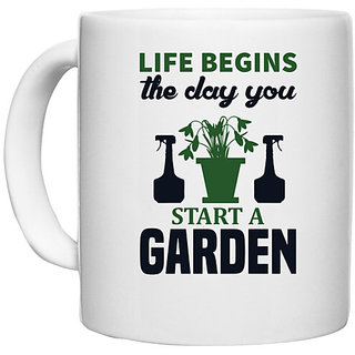                       UDNAG White Ceramic Coffee / Tea Mug 'Garden | Life begins' Perfect for Gifting [330ml]                                              