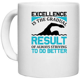                       UDNAG White Ceramic Coffee / Tea Mug 'Swimming | Excellence' Perfect for Gifting [330ml]                                              