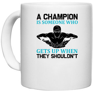                       UDNAG White Ceramic Coffee / Tea Mug 'Swimming | A Champion' Perfect for Gifting [330ml]                                              