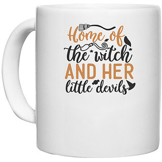                       UDNAG White Ceramic Coffee / Tea Mug 'Halloween | Home of the witch and her little devils' Perfect for Gifting [330ml]                                              