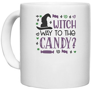                       UDNAG White Ceramic Coffee / Tea Mug 'Witch hat | Witch Way to the candy' Perfect for Gifting [330ml]                                              