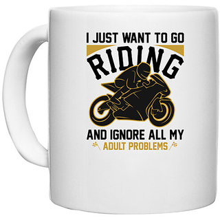                       UDNAG White Ceramic Coffee / Tea Mug 'Riding | I just' Perfect for Gifting [330ml]                                              