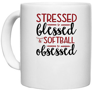                       UDNAG White Ceramic Coffee / Tea Mug 'Softball | stressed blessed softball obsessed' Perfect for Gifting [330ml]                                              
