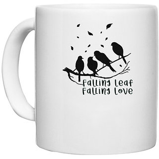                       UDNAG White Ceramic Coffee / Tea Mug 'Love birds | Falling leaf falling love' Perfect for Gifting [330ml]                                              