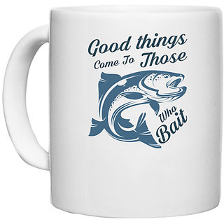                       UDNAG White Ceramic Coffee / Tea Mug 'Fishing | Good things' Perfect for Gifting [330ml]                                              