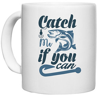                       UDNAG White Ceramic Coffee / Tea Mug 'Fishing | Catch me' Perfect for Gifting [330ml]                                              