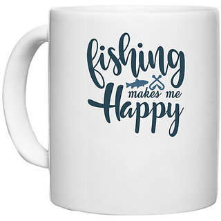                       UDNAG White Ceramic Coffee / Tea Mug 'Fishing | Fishing makes me happy' Perfect for Gifting [330ml]                                              