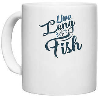                       UDNAG White Ceramic Coffee / Tea Mug 'Fishing | Live long' Perfect for Gifting [330ml]                                              